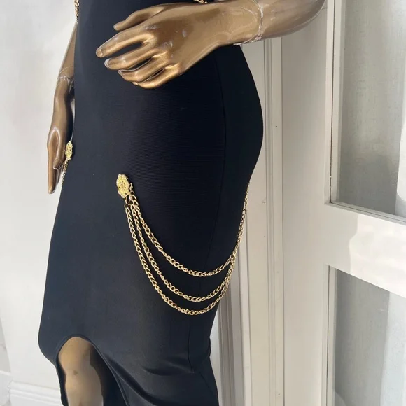 Brand New! Elegant Black Dress with Gold Accents - Picture 3 of 10